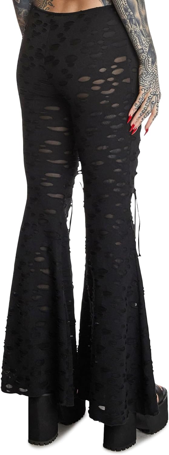 Dolls Kill Beyond The Woods Flare Pants by Widow – Gothic Lace-Up Flared Pants with Shredded Hole Design - Image 3