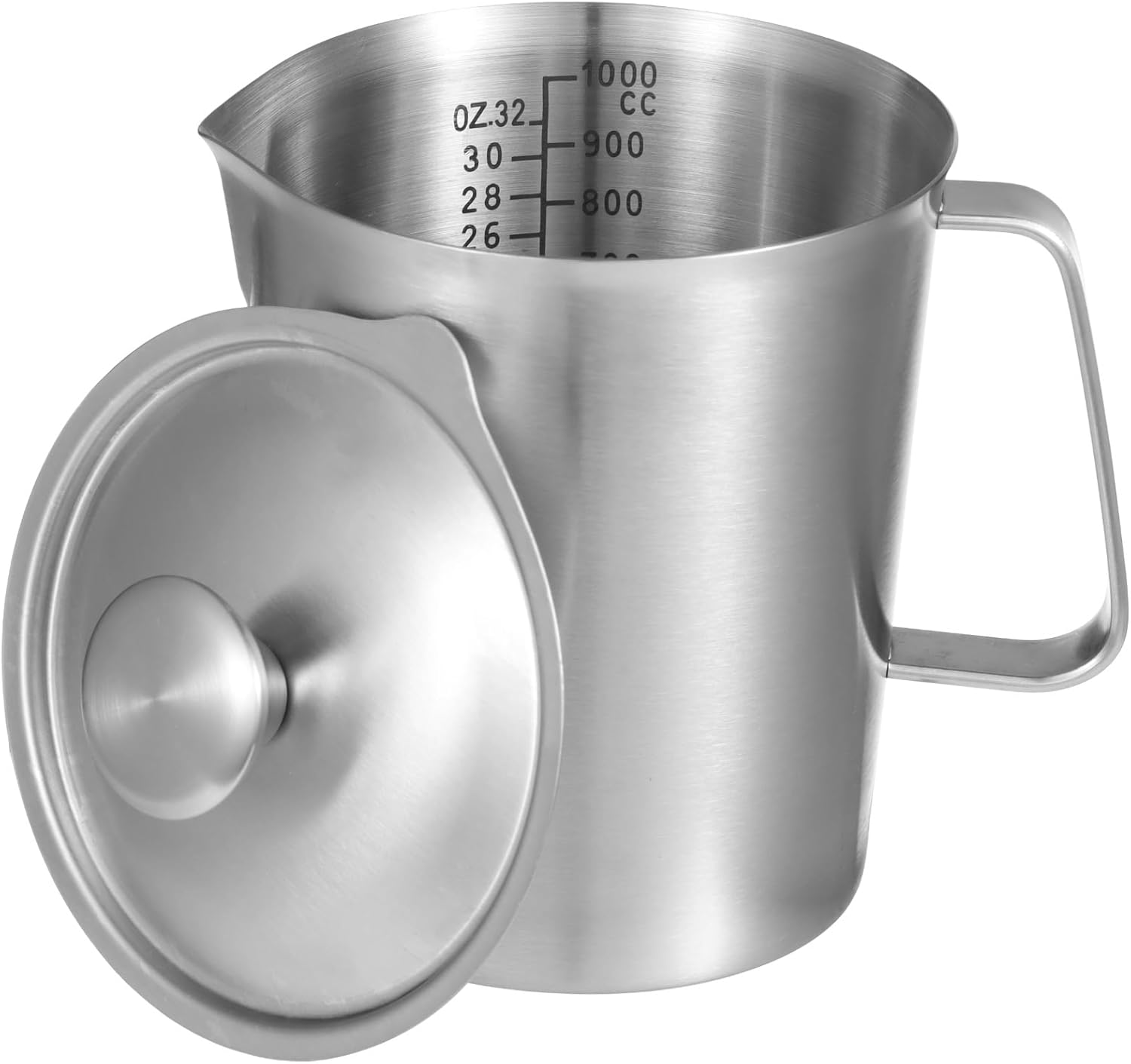 32 oz Stainless Steel Pitcher with Lid, Measuring Cups with Dual-Scale Markings, Milk Frothing Jugs, Large Beakers for Espresso Machine, Latte Art, Hot/Cold Water, Iced Tea