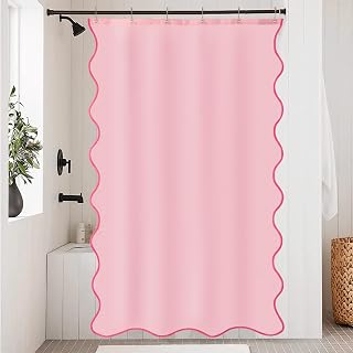 ORTIGIA Pink Scalloped Small Stall Shower Curtain, Cute Pink Ruffle Shower Curtains Boho Pretty Aesthetic Preppy Waterproof Fabric Girls Bath Bathroom Decor with Metal Hook 36 W x 72 H Inch