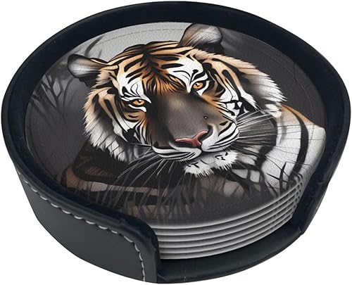 Juego de 6 posavasos de cuero con soporte, diseño de tigre en reposo, para bebidas, con aislamiento, posavasos redondos para decoración de mesa