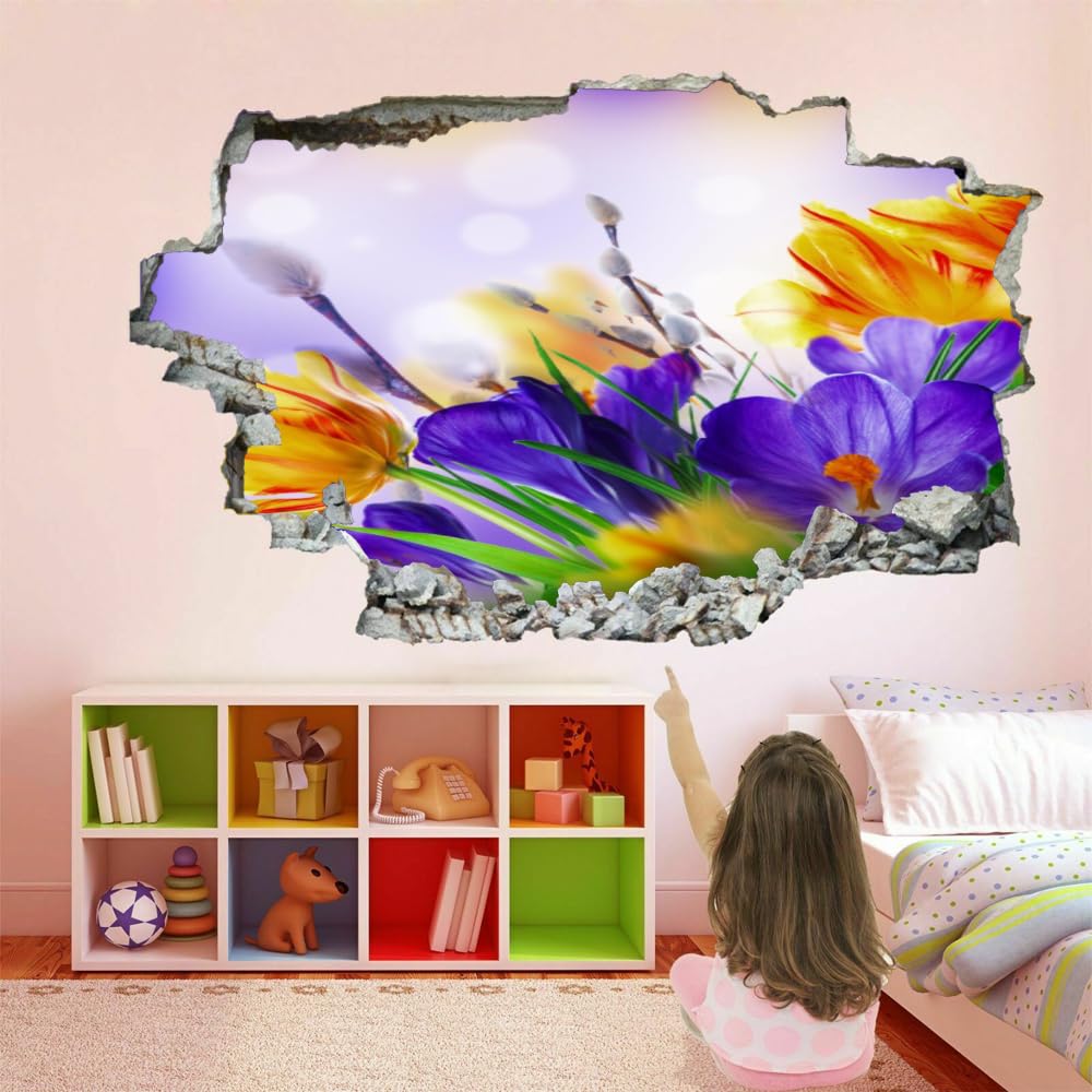 Adesivi Murali 3D Fracassato Zafferano Decorazione Domestica Smontabile Del Vinile Del Tatuaggio Della Parete Natura Primaverile Decalcomanie Impermeabili Art For Kids Room Wall Decor 120x80cm