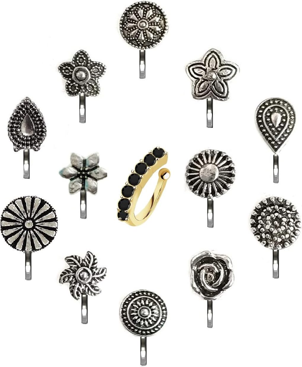 VAMA Fashions Oxidised Metal German Silver Nose Pin Ring Studs Body Piercing Jewellery Nosepin for Women