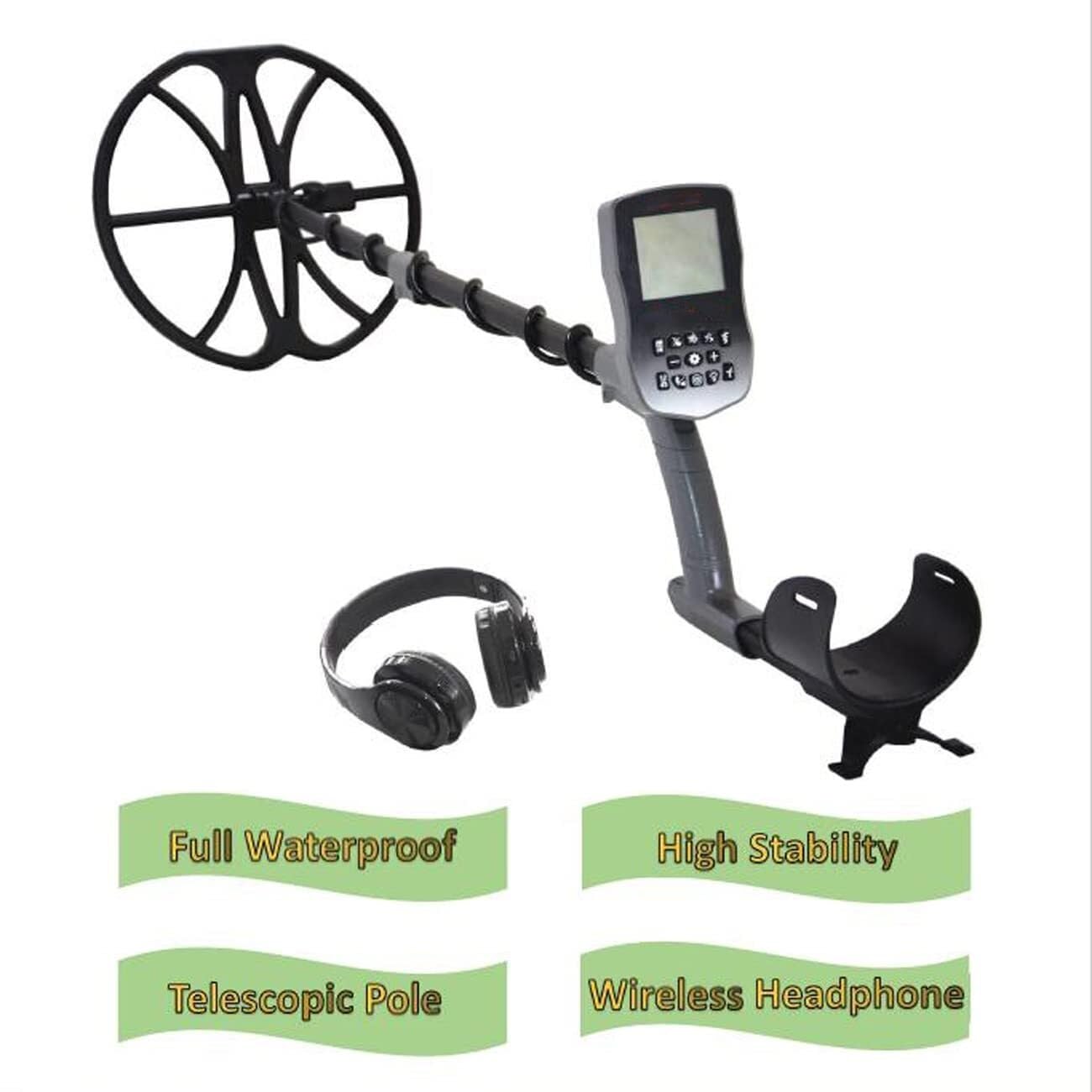 Detector de Metales de Oro subterráneo con Auriculares inalámbricos y Bobina de búsqueda de 12", Pantalla de menú LCD de Alta sensibilidad, for Joyas, Monedas y Reliquias de Oro y Plata