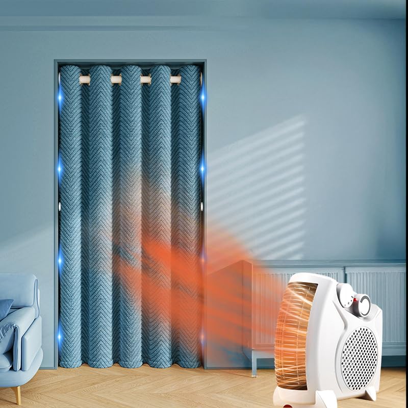 Rideau de porte occultant épais en flanelle matelassée bleu