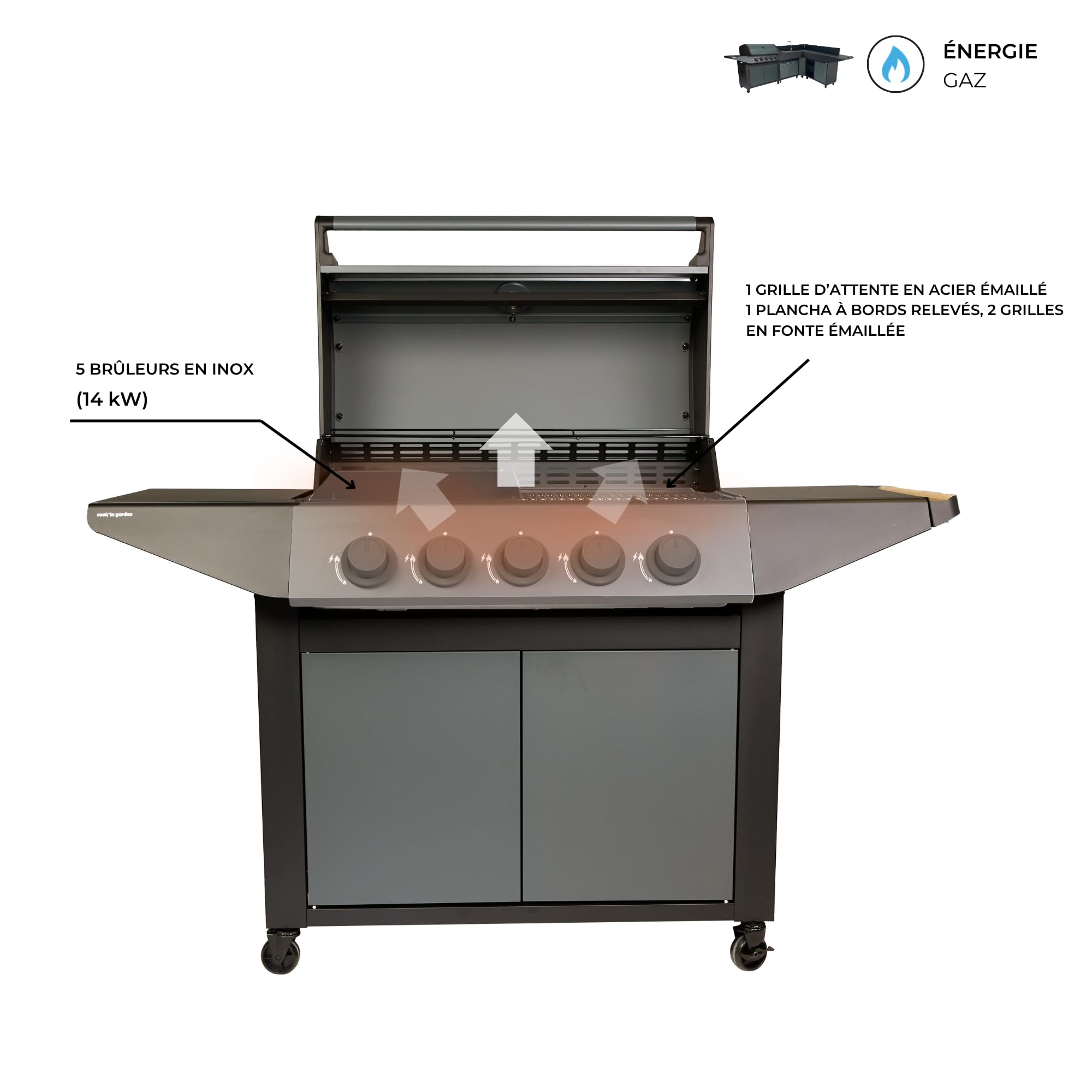 Cook'in Garden - Cucina Esterna Gas BURN, Barbecue Modulabile con Angolo, 5 fuochi, Diverse configurazioni possibili, Destra, Angolo Sinistro o Destro, Rotelle Multidirezionali