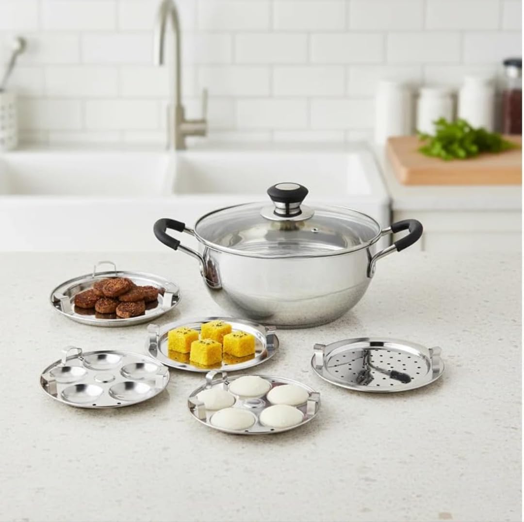 Stainless Steel Mini Multi Kadai 5-in-1 with Induction Base,Sandwich Bottom Multipurpose Cookware for Idli, Dhokla, Steaming, Deep Frying & Cooking, Gas & Induction Compatible.