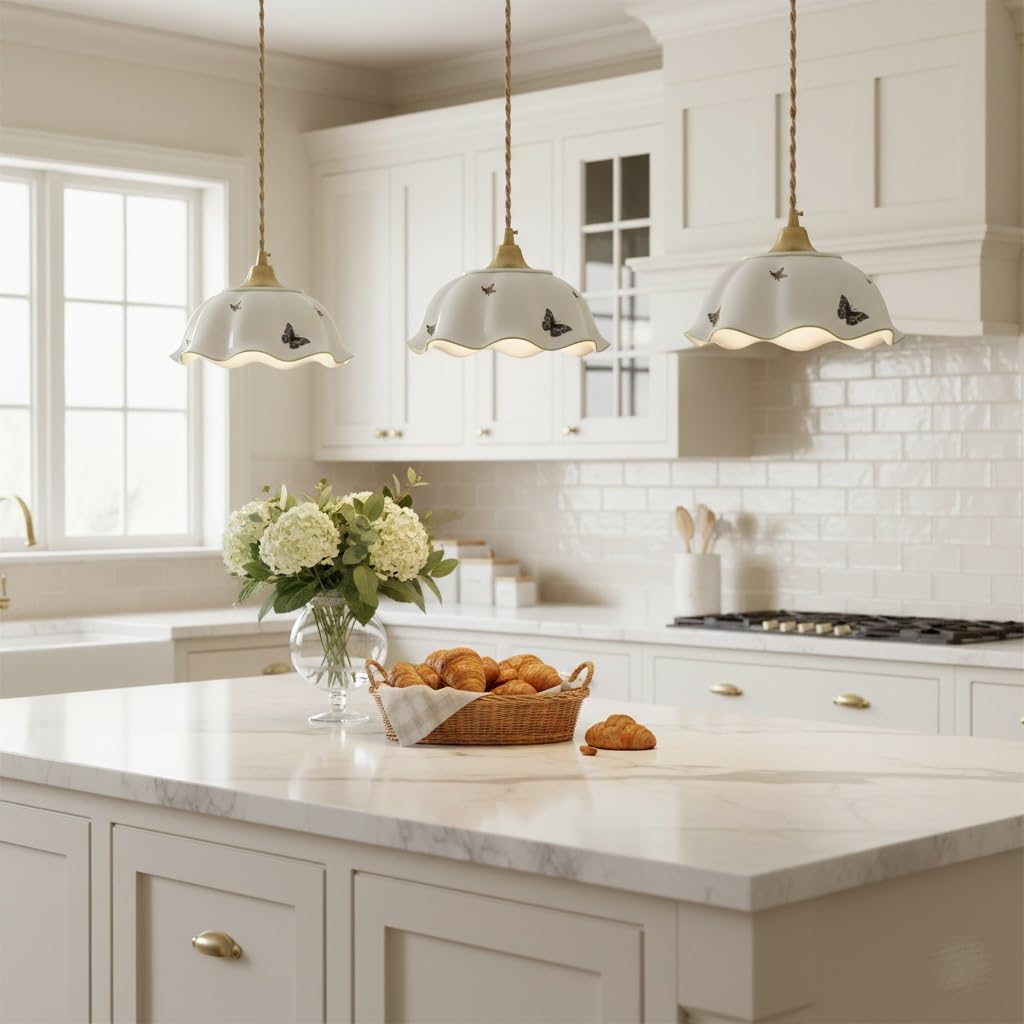 Vintage Wavy Ceramic Hanging Lamp 3 Pack, French Flower Pendant Lights Kitchen Island Butterfly Finish Farmhouse Chandelier Fixture for Dining Room