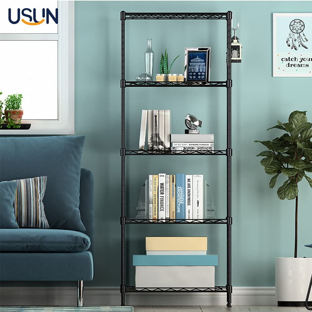 USUN 21.6 (L) x 11.8 (W) x 59 (H) inches, 5-Layer Standing Shelving Unit, Metal Storage Rack, Adjustable Shelves, Sturdy and Easy to Install, Black