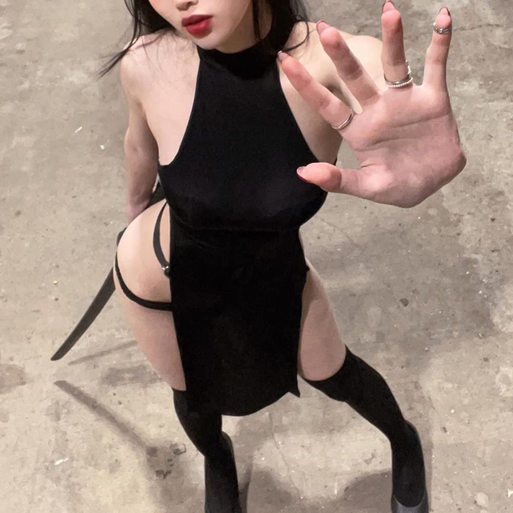 Cosplay Lingerie Sexy Devil Costume Halloween Ninja Roleplay Outfit High Slit Dress Goth Tank Dresses
