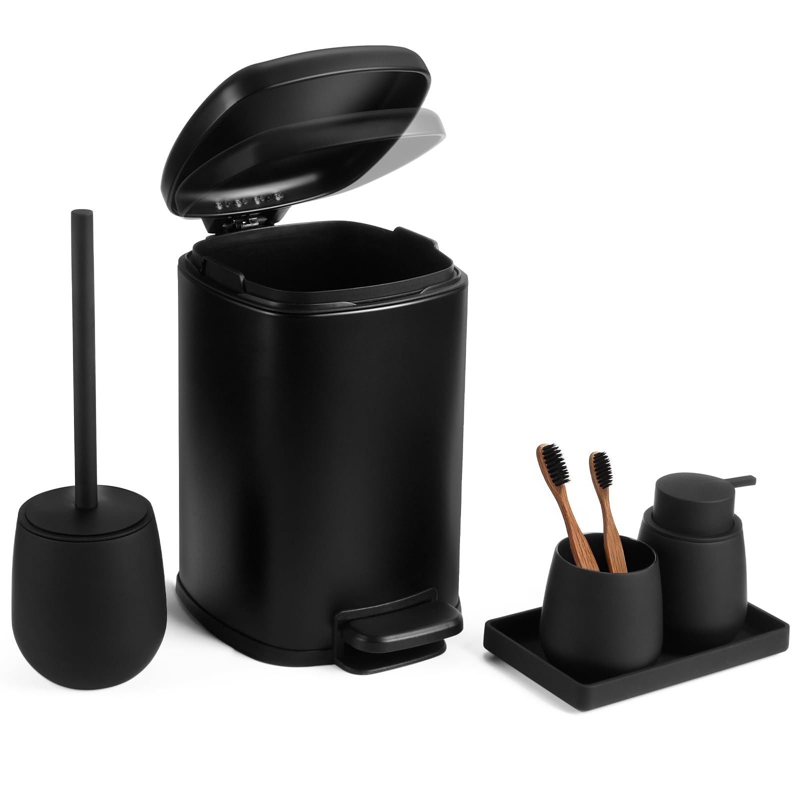 5-teiliges Badezimmer Set Schwarz mit 6 L Metall Mülleimer Treteimer mit Inneneimer, Seifenspender, Zahnputzbecher, WC-Bürste & Ablageschale, Modern Badezimmer Organizer (Schwarz)