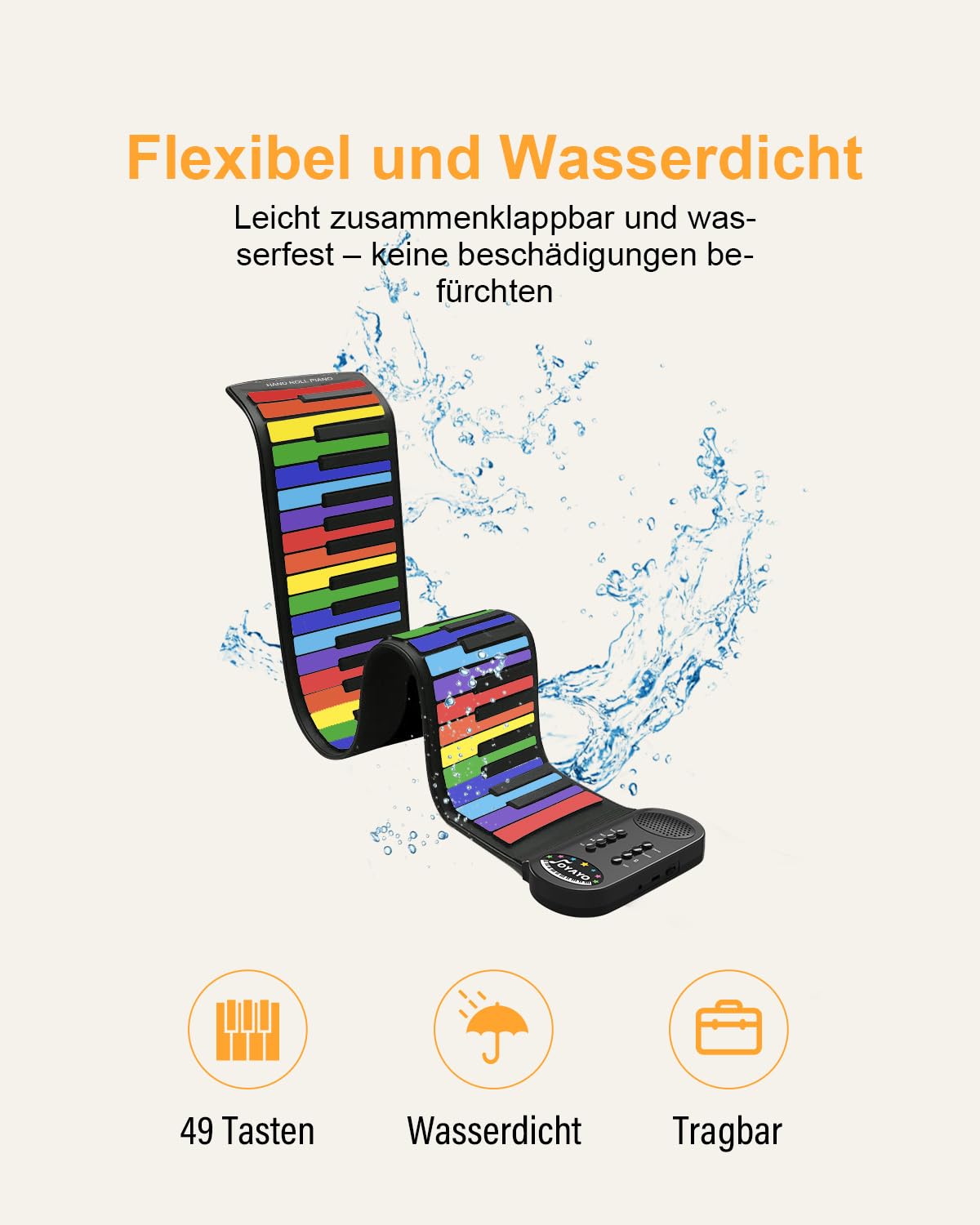 49 Tasten Roll up Faltbares Piano Klavier für Anfänger, Regenbogen Electronic Keyboards mit 8 Töne 6 Demos, Wiederaufladbar Silikon Mini Klavier mit Aufnahme Monitor modus