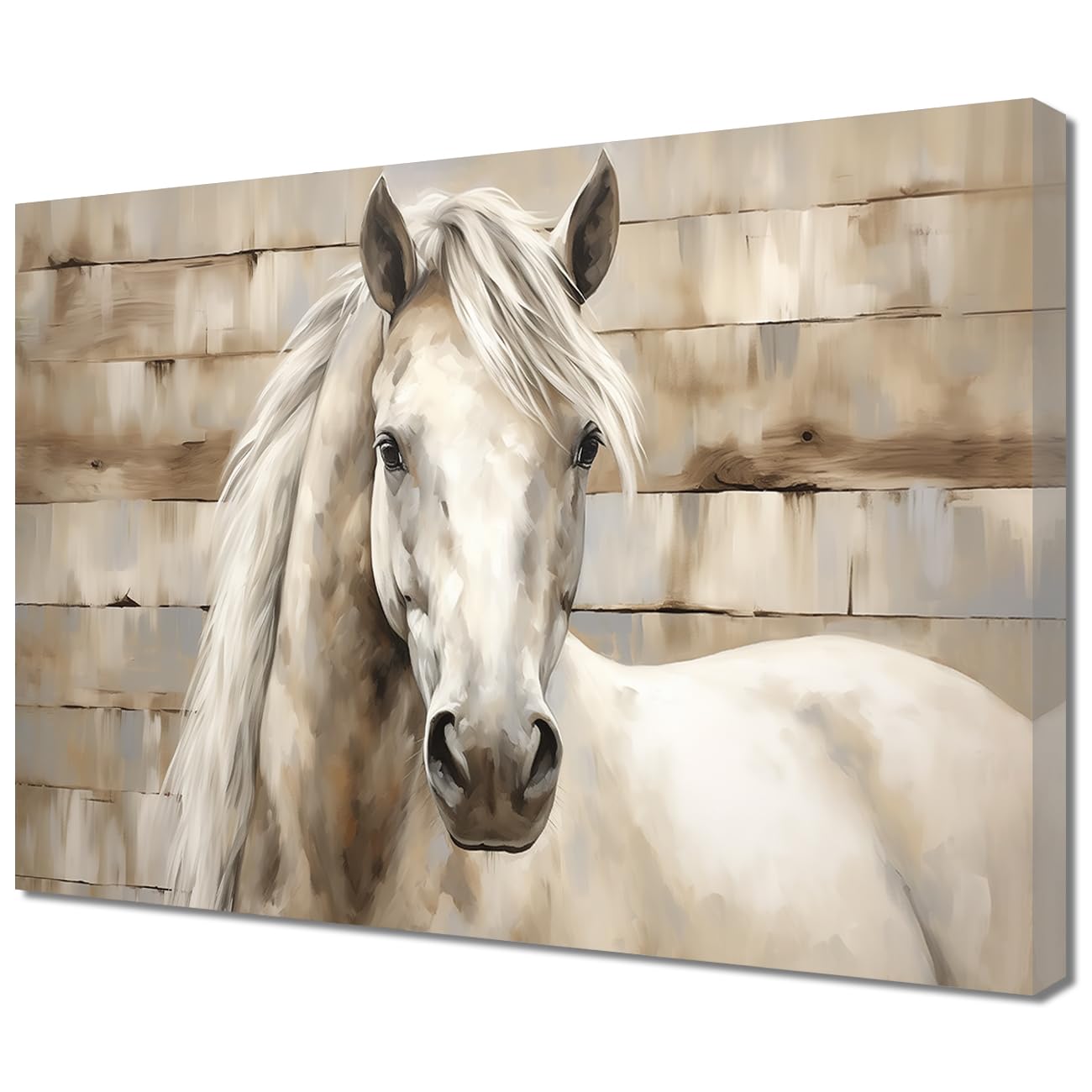 LMYSXAOZ White Horse Canvas Prints - Vintage Painting with Wooden Background Wall Art for Home Decor (20.00" x 30.00")
