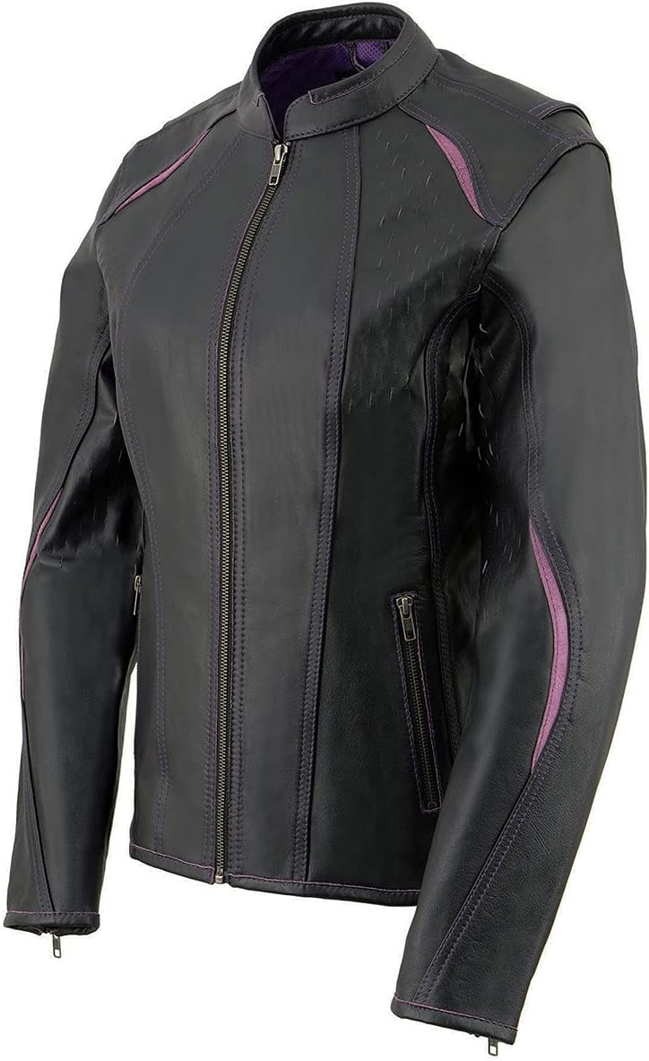 Milwaukee Leather MLL2502 Women's 'Laser Cut' Distressed Black and Purple Scuba Style Racer Jacket