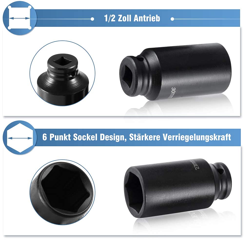 Zestaw nasadek udarowych 1/2 cala 16 PSC, zestaw precyzyjnych kluczy nasadowych (10 mm-32 mm), zestaw narzędzi do naprawy nasadek sześciokątnych
