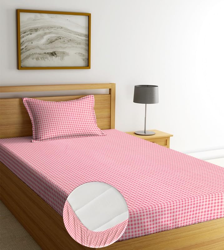 NEW LEAF Pure Cotton Elastic Fitted Bedsheets with 1 King Size Pillow Covers | Single Mattress Bed with All Around Elastic 210tc Supersoft | Size - 72 x 36 +6 inches | Small Checks, Pink