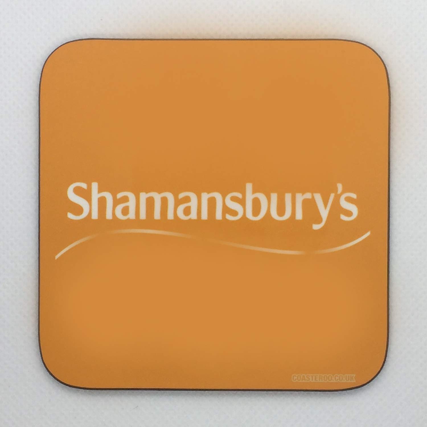 Coasteroo Orange Shamansburys (White Text On ) - Inspired By The Mighty Boosh - Drinks Coaster - Hardboard - 9Cm X 9Cm - Gloss Finish
