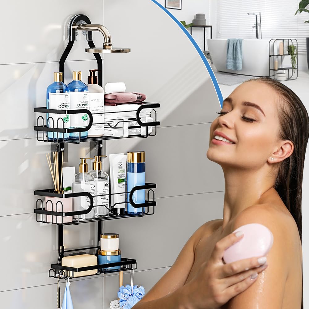 Mensola Doccia da Appendere a 3 Ripiani, Portasapone Doccia Senza Foratura, Portaoggetti da Doccia Sospesa in Metallo, Cestello di Scarico Doccia Appesa, Cestino Pensile da Bagno - Nero