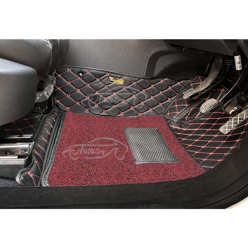 Image of 7D Luxury Car Floor Mat for Skoda Superb (2017 to 2022) | 7-Layer Leather, Curly Base, Heel Pad, Anti-Skid & Waterproof (Black Red)