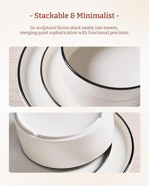 Richmount Dinner Set for 4, 12 Pieces Modern Porcelain Plates and Bowls Set, Dinnerware Sets Chip Resistant, Microwave & Dishwasher Safe, Ceramic Dish Set Service for 4, White with Black Trim