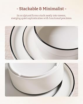 Richmount Dinner Set for 4, 12 Pieces Modern Porcelain Plates and Bowls Set, Dinnerware Sets Chip Resistant, Microwave & Dishwasher Safe, Ceramic Dish Set Service for 4, White with Black Trim