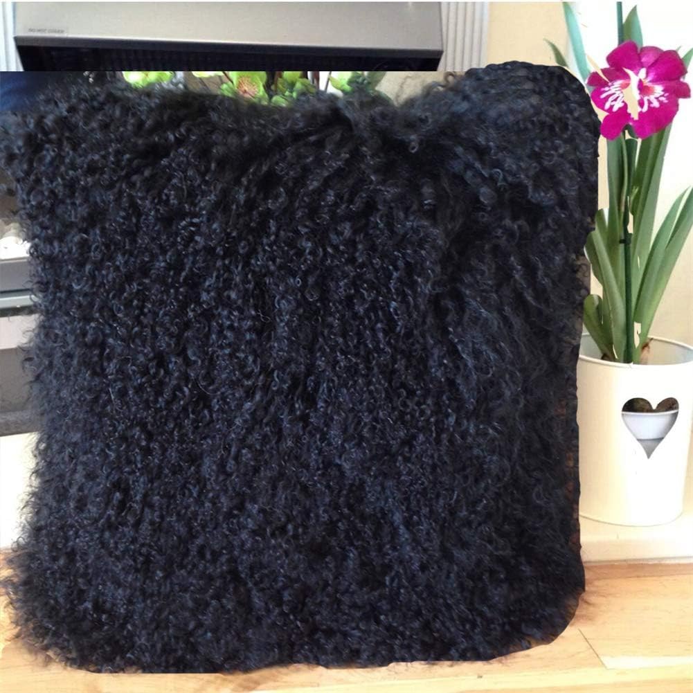 Seek4comfortable Black Mongolian Fur Pillow, Real Tibetan Mongolian Lamb Sheepskin Wool Fur Super Soft Plush Leather Pillowcase Cushion Cover,16 x 16 in