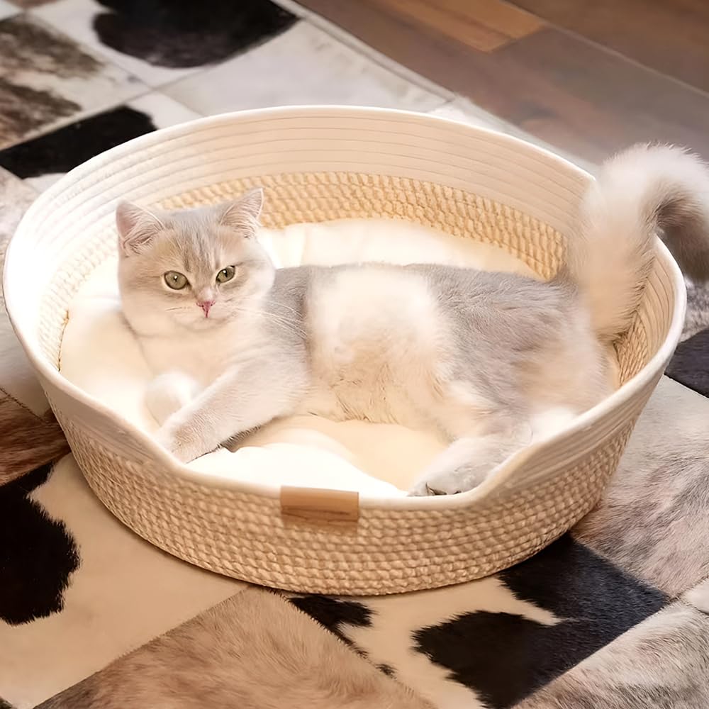 YANGUN Cotton Woven Cat Bed Basket, 47x47x15cm Cat Basket for Indoor Cats Four Seasons Universal, for Kitten Puppy Small Cats & Dogs, Medium