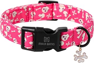 Maca Bates Halloween Skull Pink Basic Dog Collar for Large Boy,Girl Puppy Collars with Cute Bone Charm Adjustable Durable Soft Comfortable for Male Female Dogs with Safety Buckle