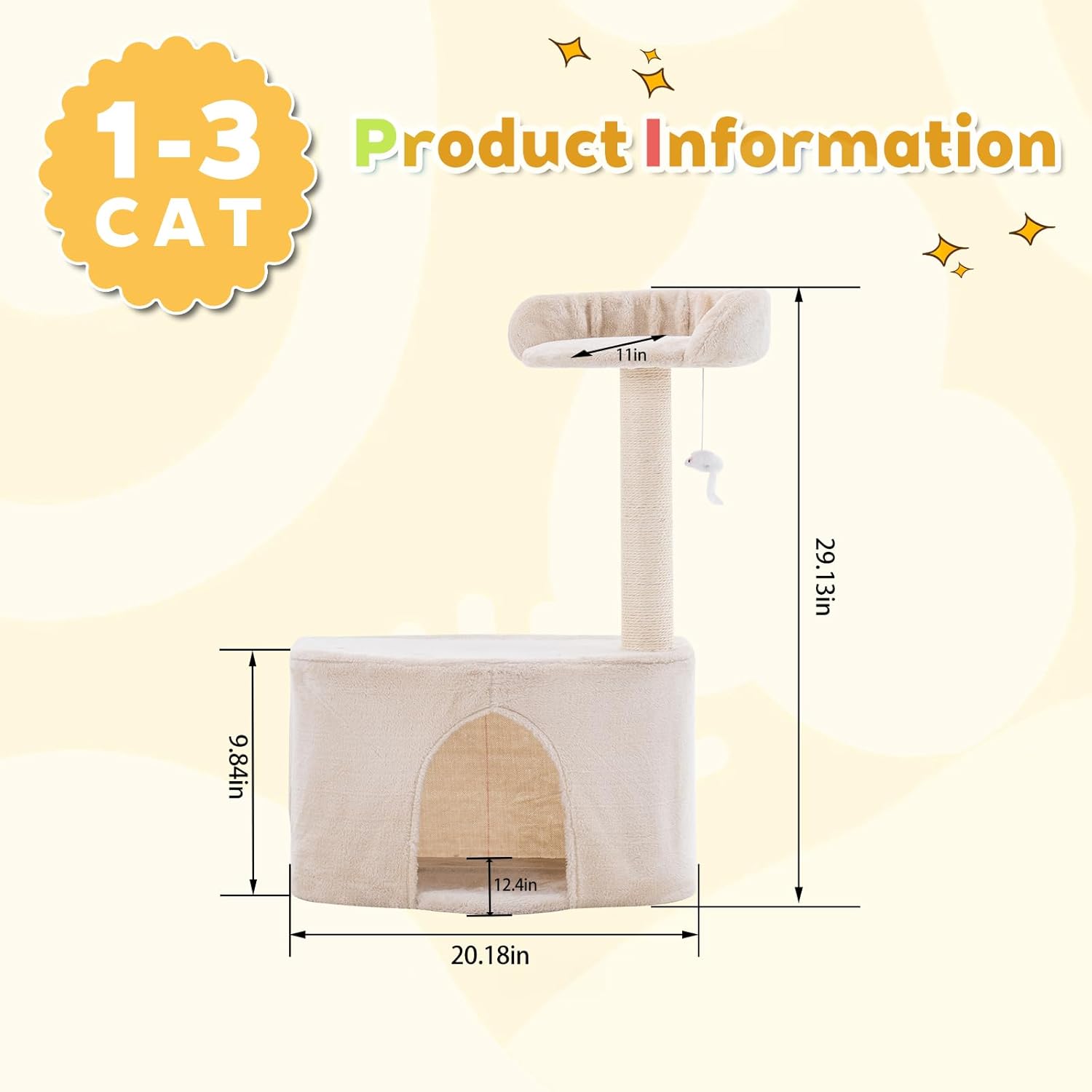 Small Cat Tree Tower with Sisal Scratching Post for Indoor Cats, Cat Condo Cave House with Perch and Playful Toy Feather, Beige (20.27x12.4x29.5 inch)