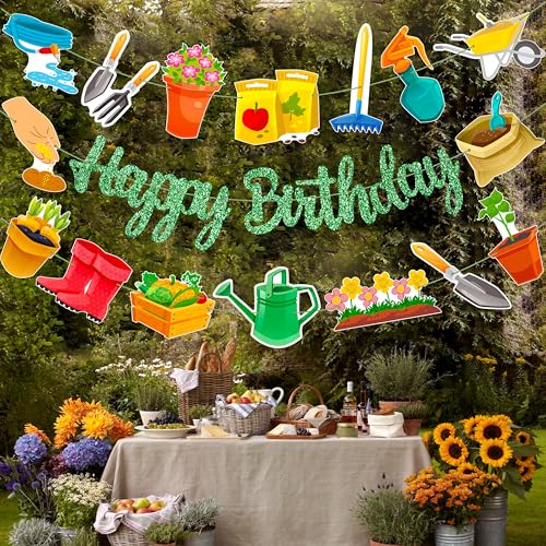Image of 3Pcs Garden Birthday Party Banner Decorations Green Glitter Happy Birthday Banner Gardening Tool Theme Garlands for Gardening Birthday Party Hanging Decorations Spring Theme Party Supplies