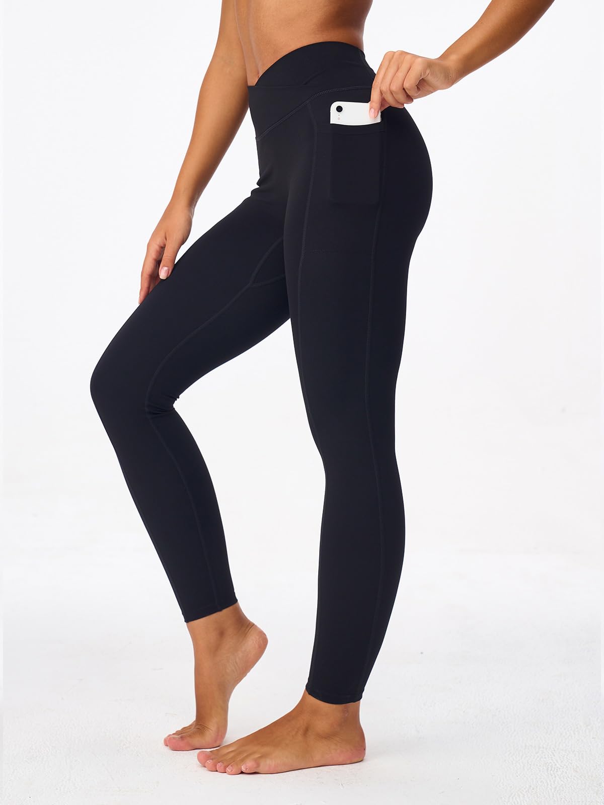 Leggings de compresión ligera de cintura alta para mujer, de longitud completa, cintura cruzada, pantalones de yoga atléticos con bolsillos para correr