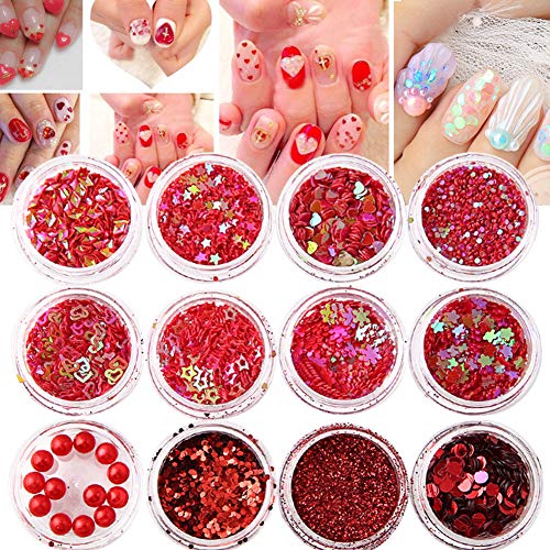 Holographic Nail Art Glitter Sequins Nail Art Supplies 3D Nails Glitter Flakes Shiny Acrylic Nails Powder Dust Nail Sequin for Nail Art Decorations Sparkle Manicure Tips Charms (12 Boxes/Red)