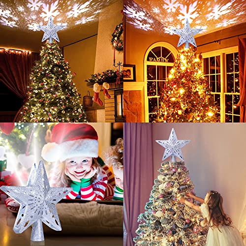 Aerwo Christmas Tree Topper Lighted Star Tree Topper With Rotating Snowflake Projector Lights, 3D Glitter Hollow Star Tree Topper For Christmas Tree Decorations #TOP4