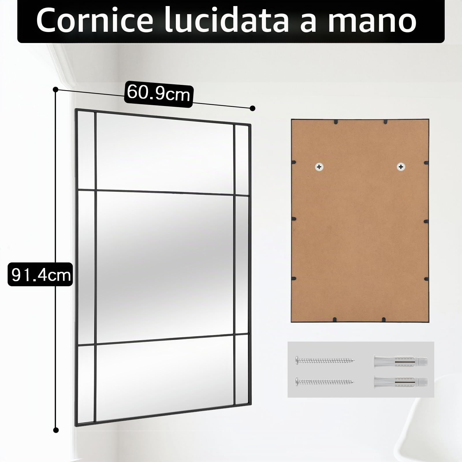 Muzilife Specchio da Parete Nero con Cornice in Metallo, 90x60 cm Specchio Decorativo Rettangolare per Camera da Letto, Sala da Pranzo, Corridoio, Bagno, Appendibile o Appoggiato alla Parete