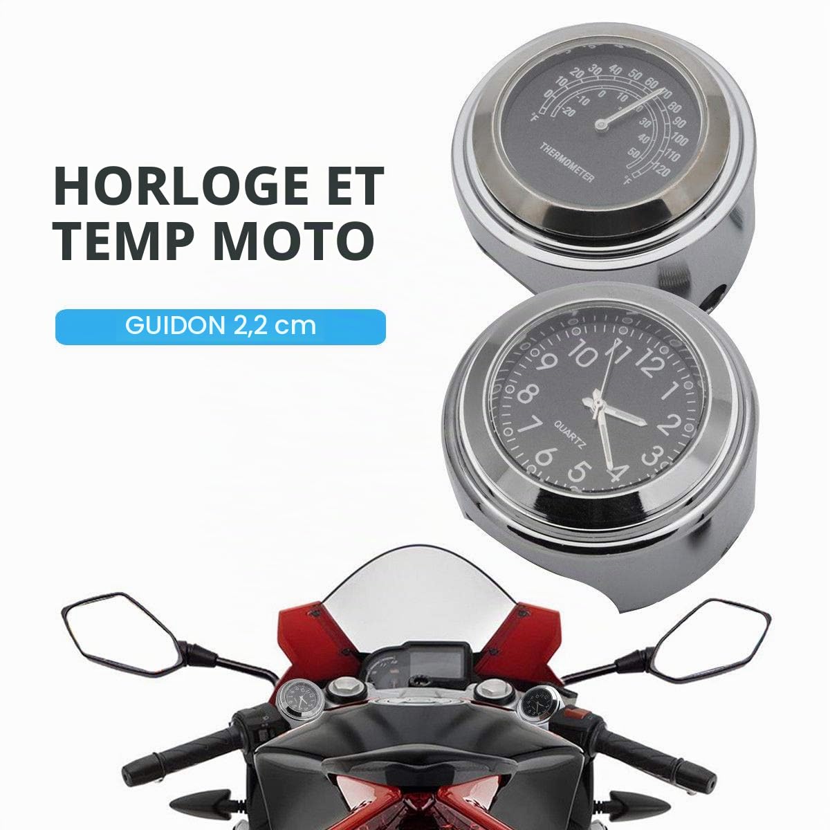 7/8 « Bâton de Guidon sur l’Horloge et Le thermomètre, Accessoires de Montage de Guidon d’Horloge à Cadran étanche en Acier Inoxydable, pour Moto/Cruiser/Yacht/véhicule Tout-Terrain