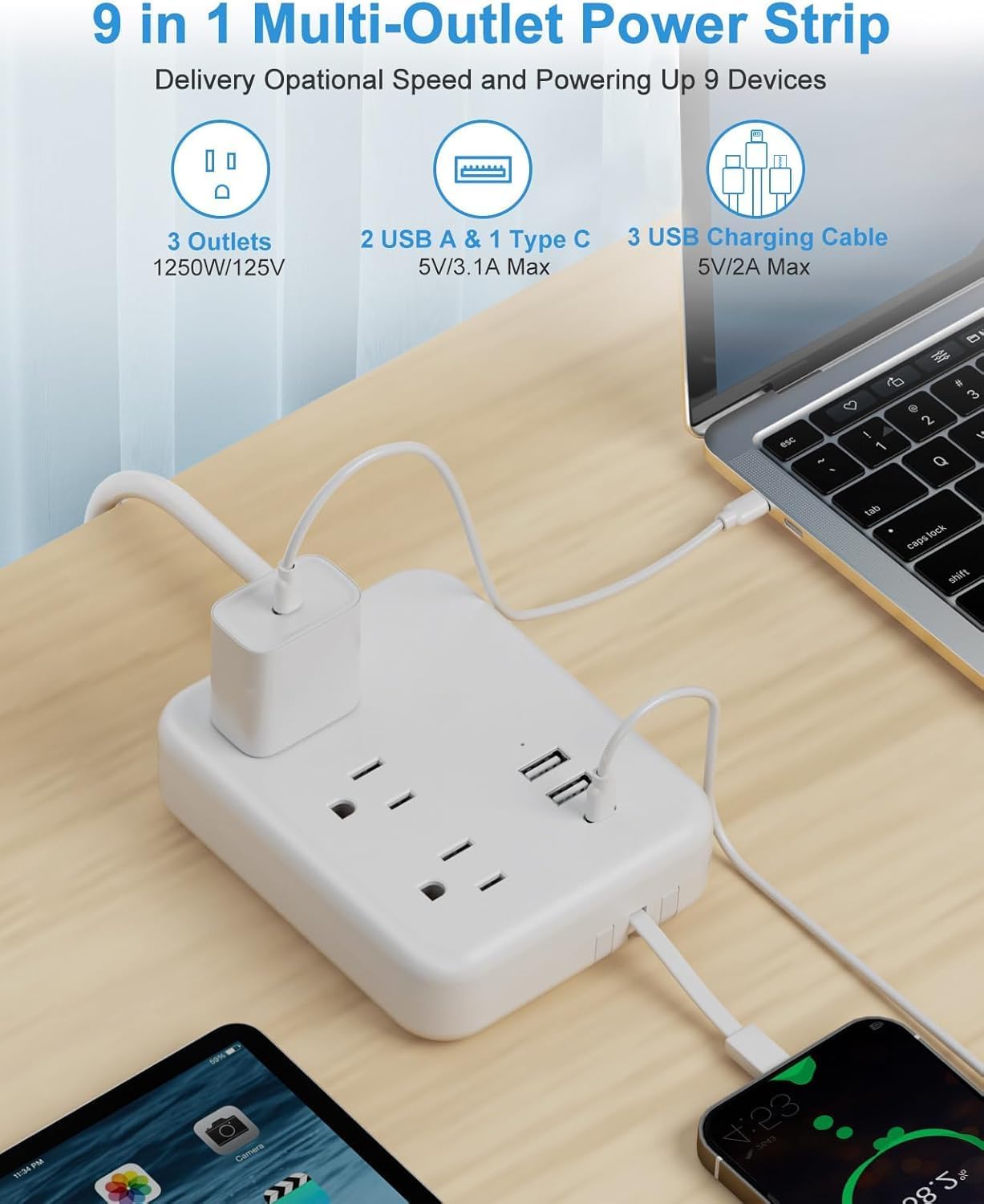 6 USB Power Strip with 3 Charging Cable - Travel Power Strip with 6 USB Desktop Charging Station and 3 Outlets, 5ft Flat Plug Extension Cord, Non Surge Protector for Cruise Ship Travel Office Dorm