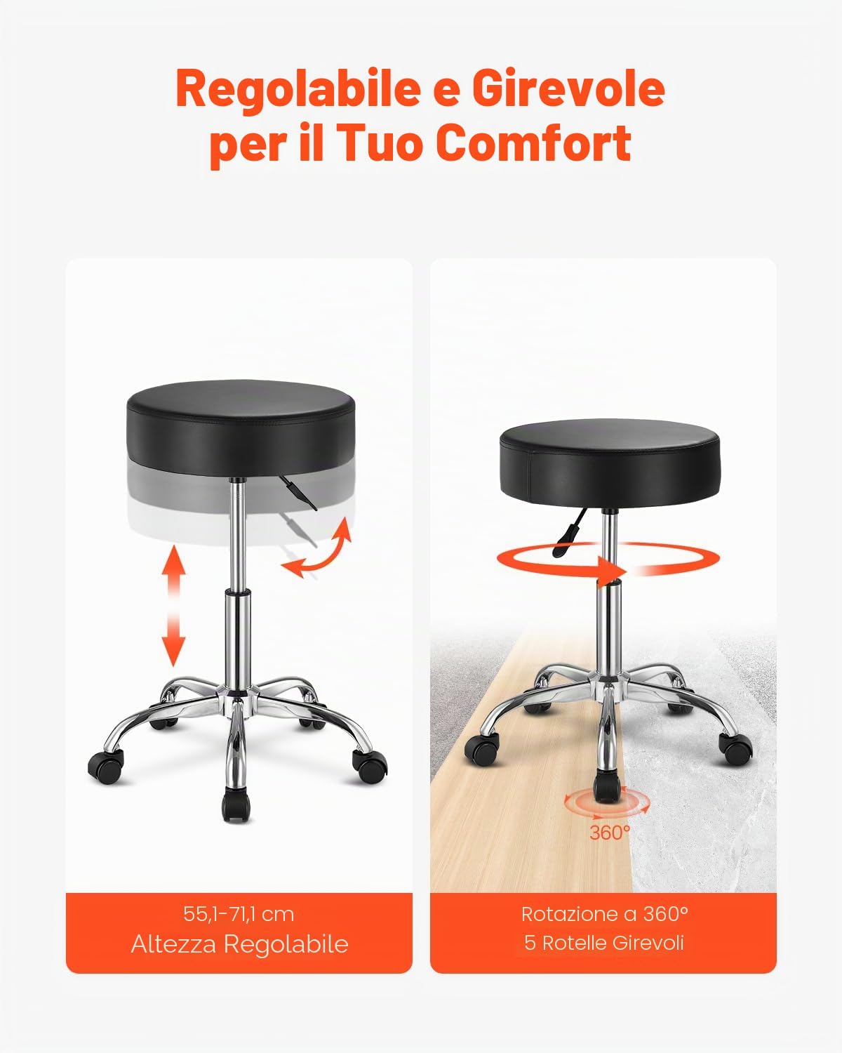 VEVOR Sgabello Girevole, Capacità di Peso 204 kg, Sgabello Girevole Rotondo in Pelle, Ispessita Regolabile in Altezza, Sgabello con Cuscino Spesso per Salone, Spa, Massaggi, Clinica, Nero