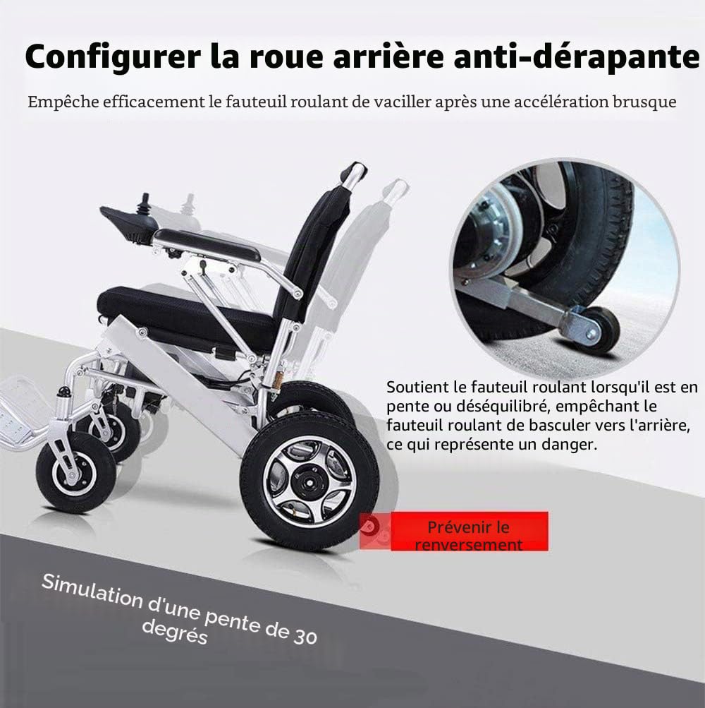 GGD – Fauteuil roulant électrique portable, pliable, léger, compact et puissant avec double moteur, aide à la mobilité, pèse seulement 26 kg, supporte 130 kg, argenté