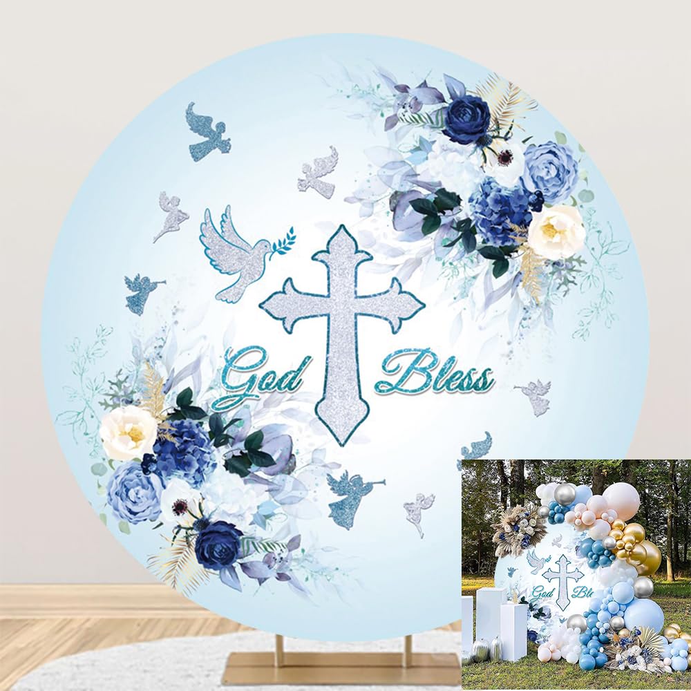 TTQYFNM 7x7ft God Bless Round Backdrop Cover Blue Flowers Silver Cross Dove Angle First Holy Communion Photography Background for Boys Baby Shower Mi