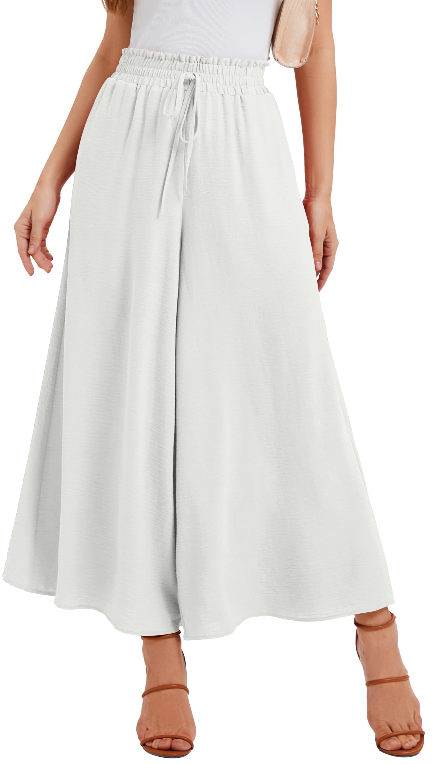 WUWUSKY Sommerhose Damen Leicht Lässige Palazzo Hose Elegant High Waist Baggy Freizeithose mit 2 Taschen