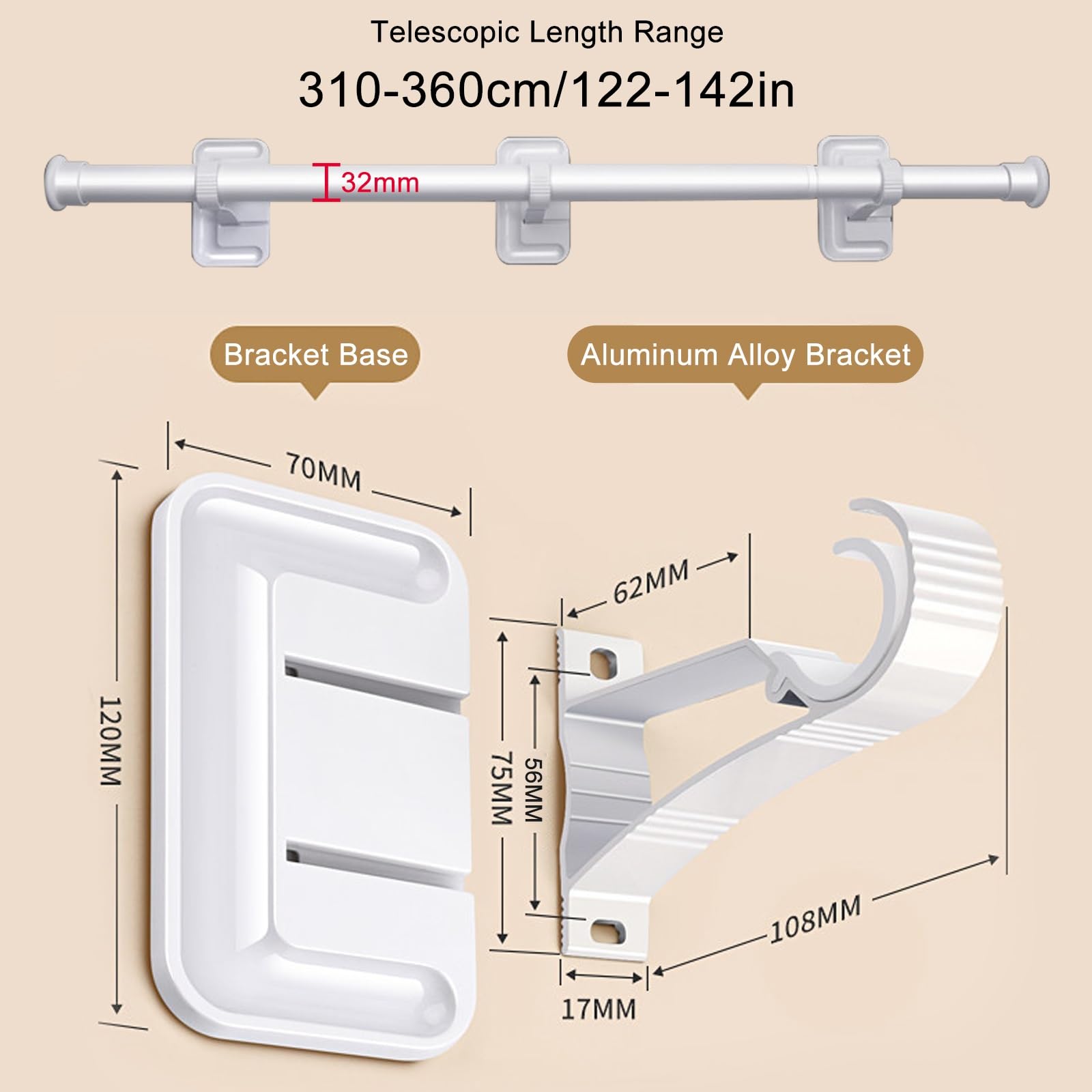Gardinenstange Ohne Bohren mit Zugringen und Halterungen | Weiße Klemmstange Vorhang mit Positionierperlen für Schlafzimmer, Wohnzimmer und Dusche(310-360cm/122-142in)