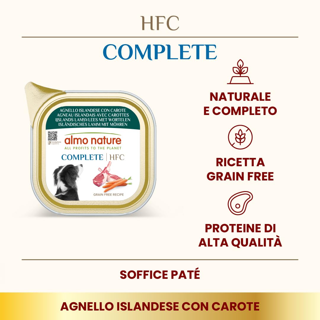 almo nature HFC Complete - Alimento Umido per Cani Adulti - Agnello Islandese con Carote - qualità Human Grade, Senza Glutine, Monoproteico - 85g, Confezione da 17