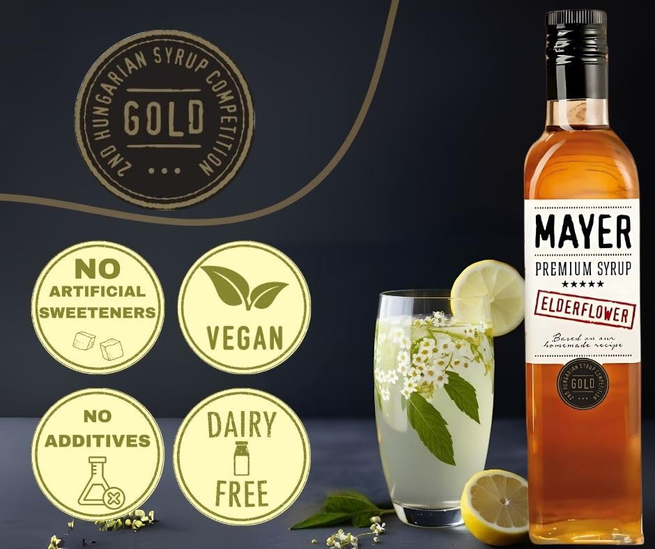 Image of Premium Artisan Hungarian Elderflower Syrup - Award-Winning, All-Natural, Vegan, Gluten Free, Versatile for Beverages & Desserts - No Artificial Additives, Rich Authentic Flavor ( 16.9 Fl oz. / 500 ml, Elderflower - 6Pack )
