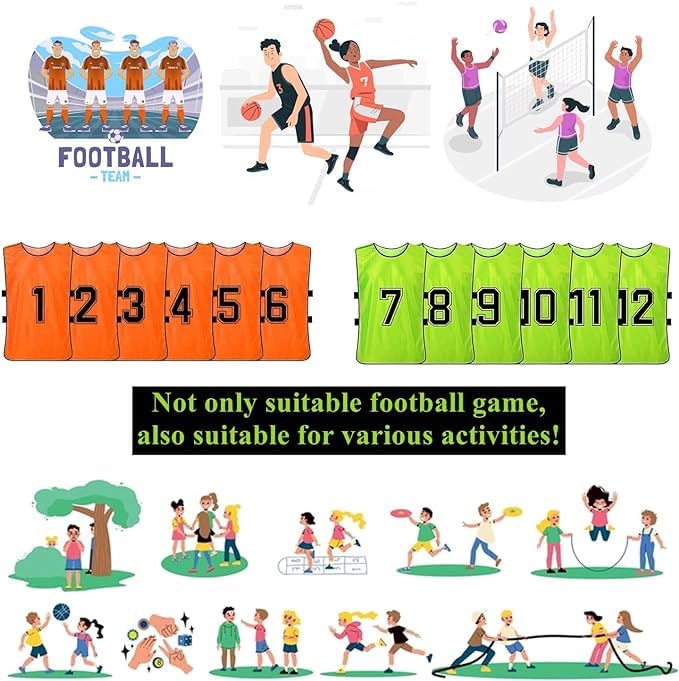 Lot de 24 gilets d'entraînement de football en 2 couleurs vives, maillots d'entraînement numérotés de 1 à 12 pour adultes, football, volleyball – Orange et vert, Orange, vert., 43 x 63 cm