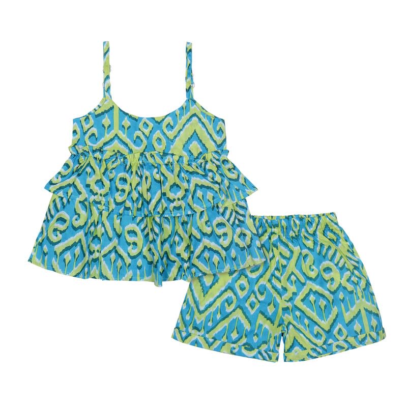 superminis Baby Girl's Cotton Ikat Printed Flared Strappy Top With Matching Shorts Clothing Set-picture-4