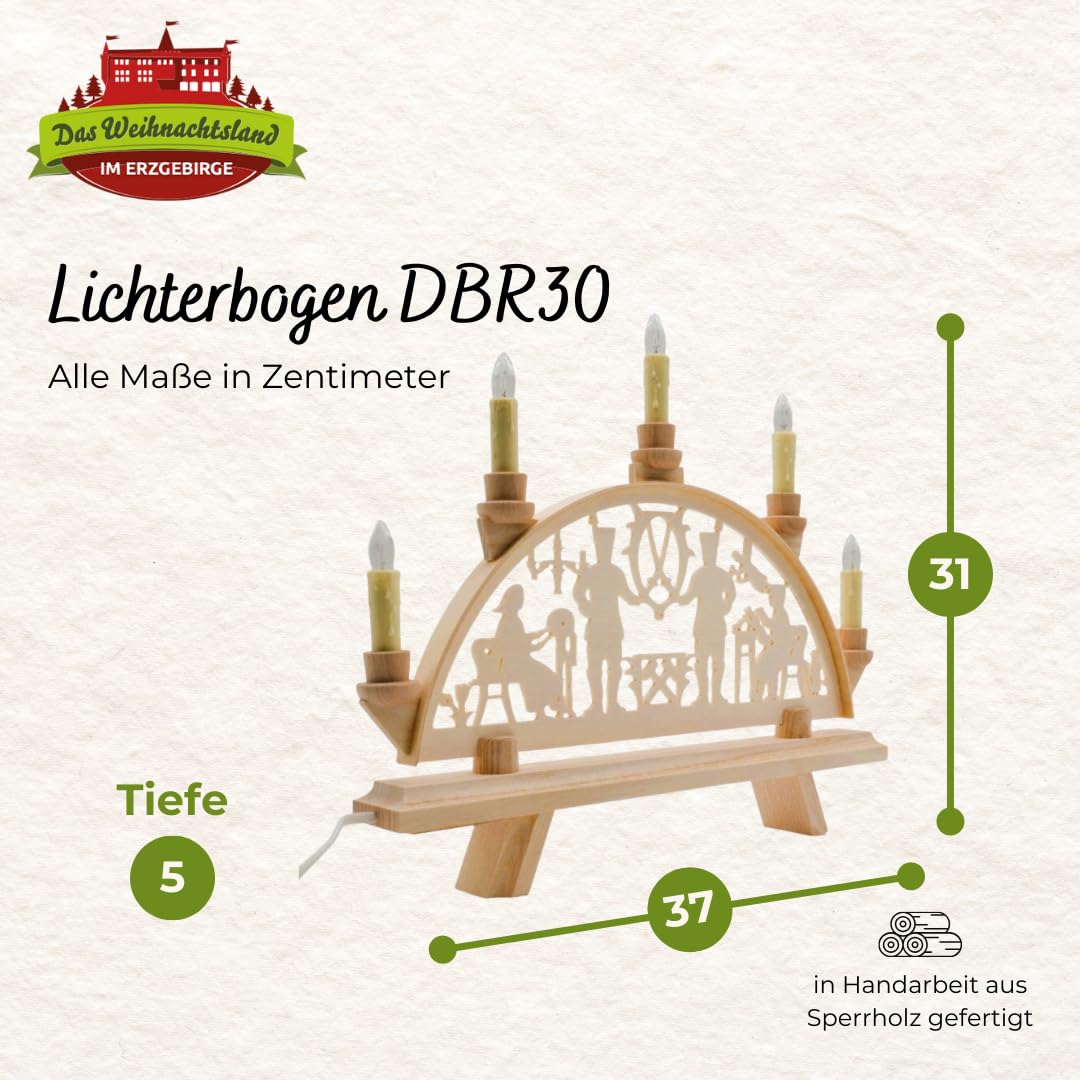 Lichterbogen DBR30 – Schwibbogen aus Holz – Erzgebirge | 37 x 31 x 5 cm – Leuchtbogen mit 5 Kerzen – Original Erzgebirge Fensterbogen – handgemachte Weihnachtsdeko