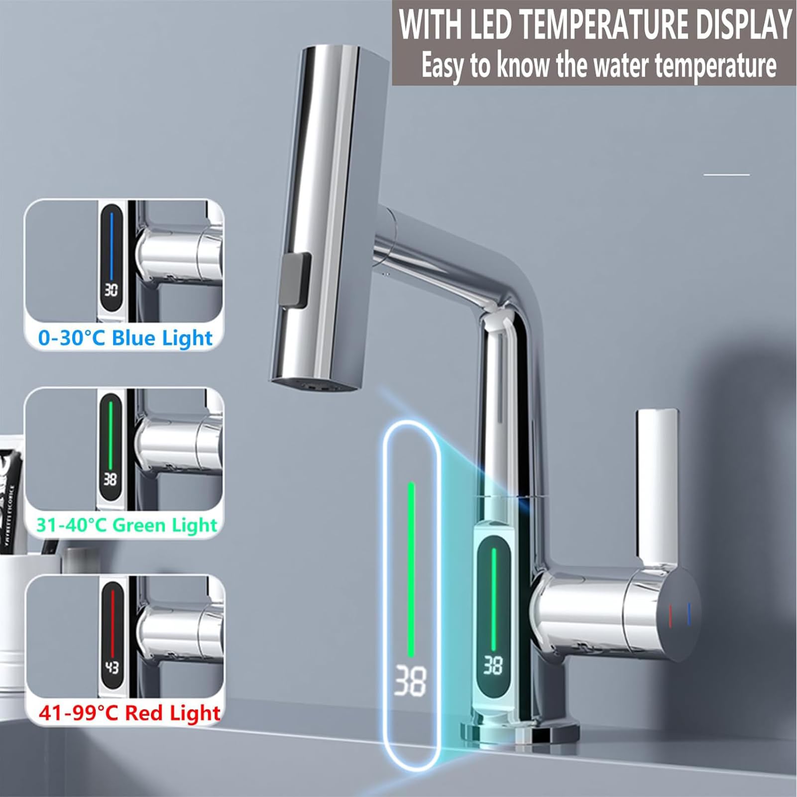Grifo Cocina Extraible, Grifos de Cocina Fregadero con 3 Modos de Flujo de Agua, Giratorio a 360° Grifo Monomando Flexible Baño con Pantalla Digital de Temperatura LED (Cromo)