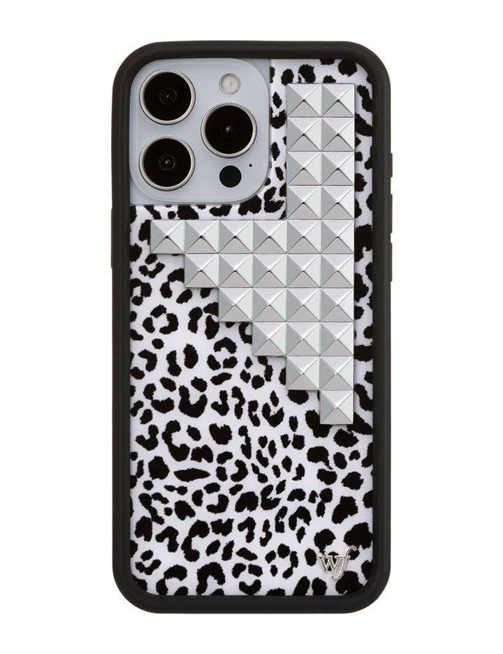 Image of Wildflower Cases - Compatible with iPhone 16 Pro Max | Protective Black Bumper, 4ft Drop Certified, Women Owned Small Business | White Leopard Original Silver | Stud Pyramid Collection - Snow Meow