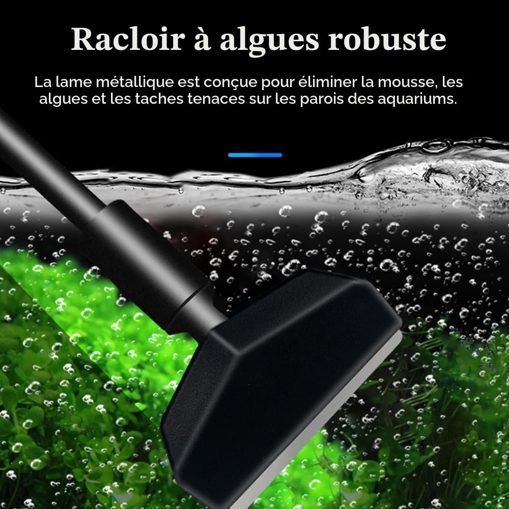 Kit de nettoyage pour aquarium – Kit d'outils de nettoyage 3 en 1 avec tige amovible de 35,6 cm, ensemble d'outils de nettoyage d'aquarium, grattoir à algues avec lame de rechange, brosse plate