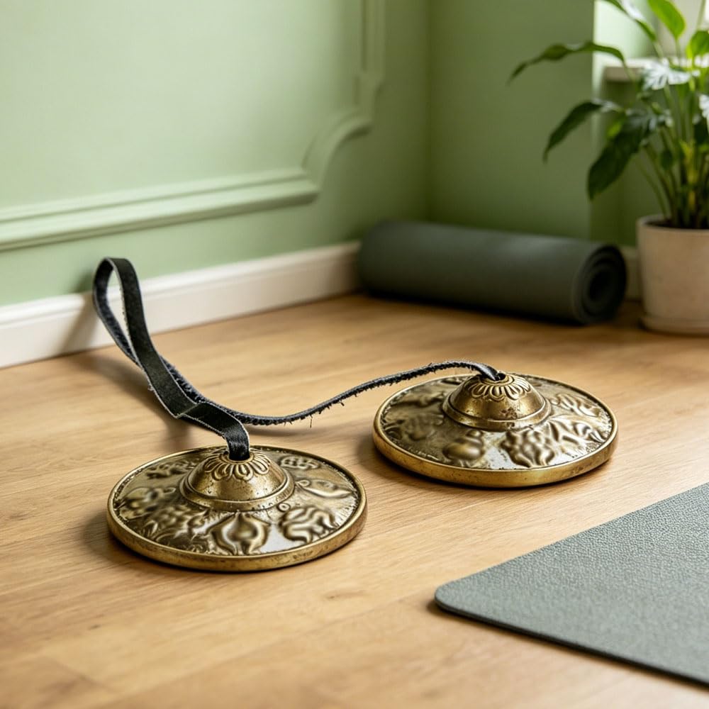 Tibetan Tingsha Cimbali Artigianali Buddisti Meditazione,Yoga Campane Campanelle In Rilievo Con Simboli Mane 6,5 cm