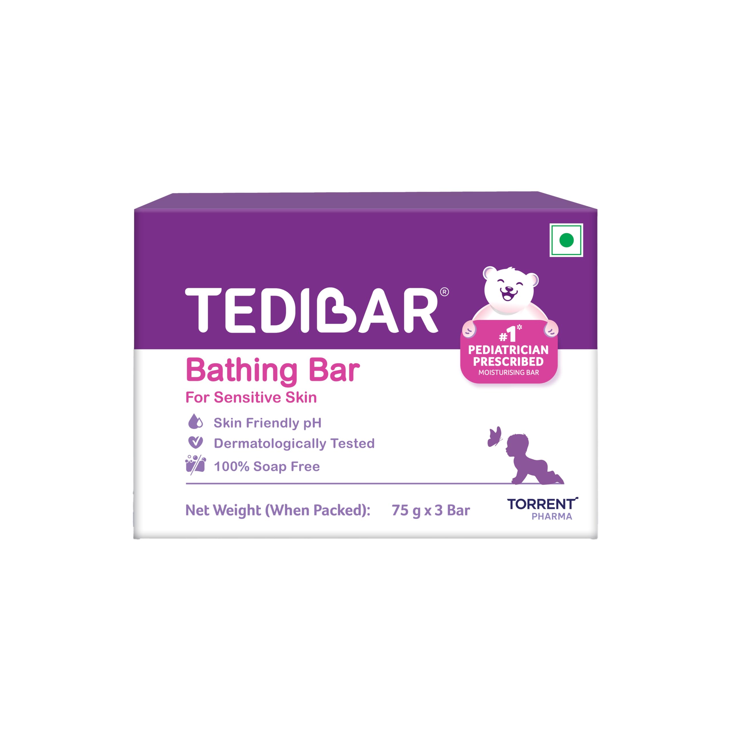Tedibar Moisturising Baby Bathing Bar 75gx3 (Pack of 1) 100% Soap Free No. 1* Pediatrician Prescribed Moisturising Bar - By Torrent Pharma